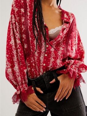 Free People Red Floral Lace-Trim Button Front Blouse